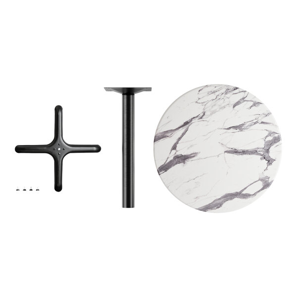 A white and black marble Lancaster Table & Seating Excalibur Bistro table top with a black metal stand.