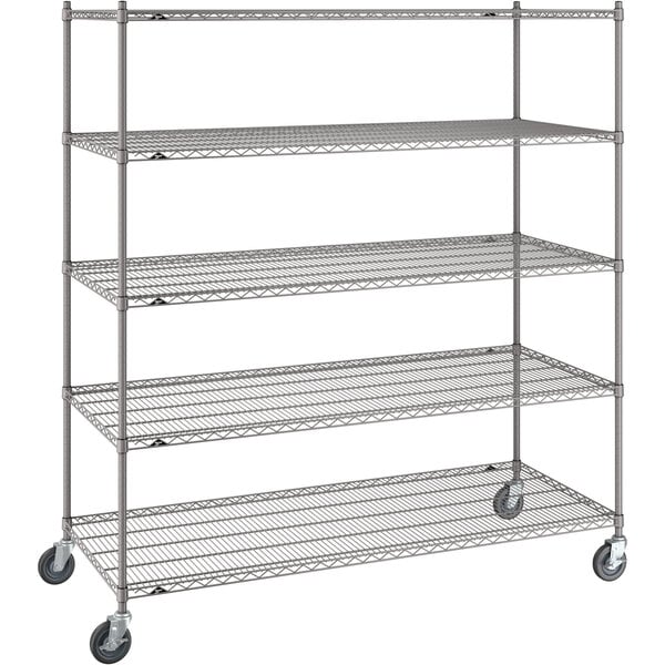 A gray Metro Super Erecta metal shelving unit with wheels.