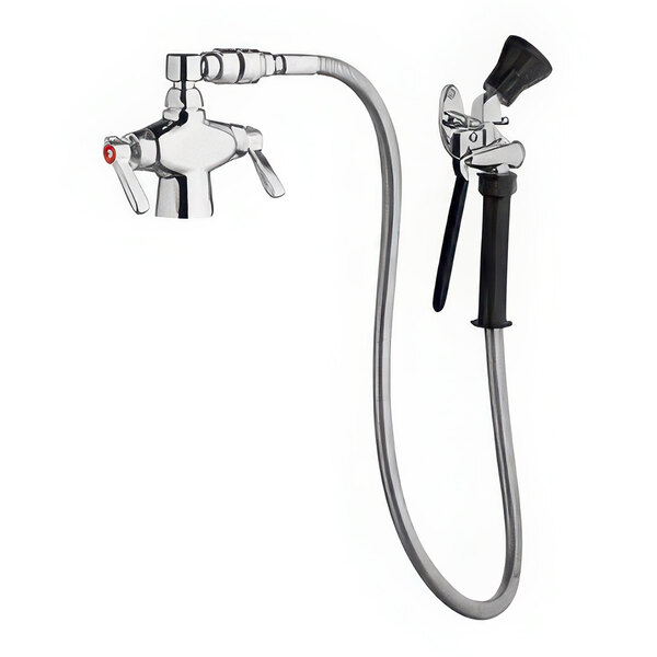 A silver Chicago Faucets deck-mounted pre-rinse faucet with a hose and sprayer.