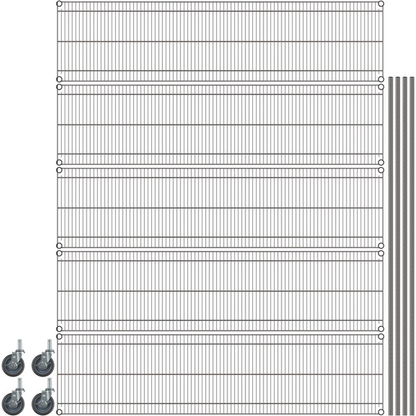 A gray Metro wire shelving unit with wheels.