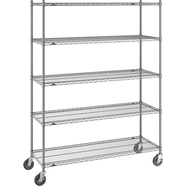 A gray Metro Super Erecta metal wire shelving unit with wheels.