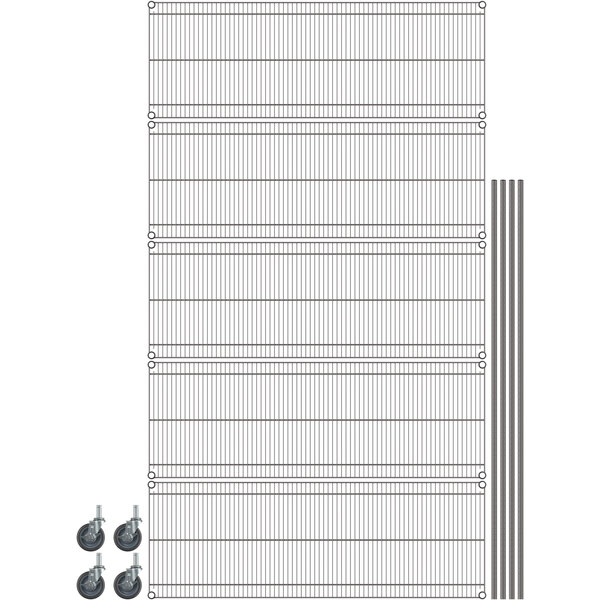 A gray Metro wire shelving unit with wheels.