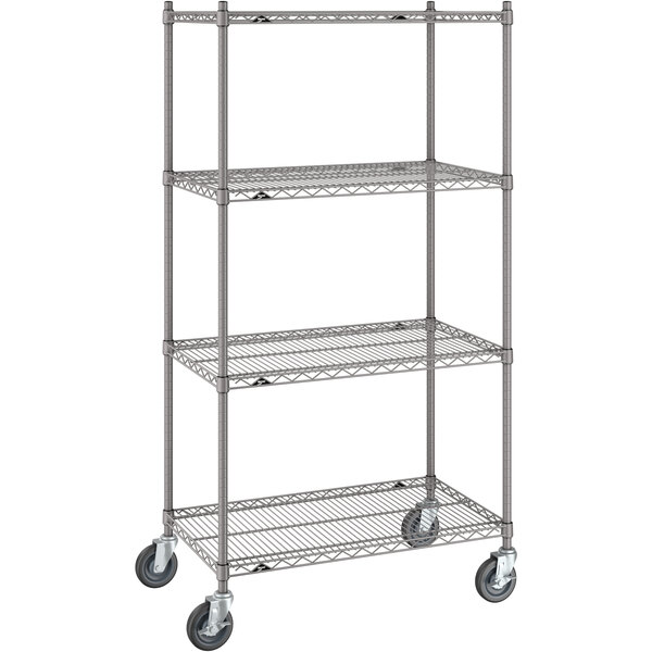 A gray Metro Super Erecta wire shelving unit with wheels.