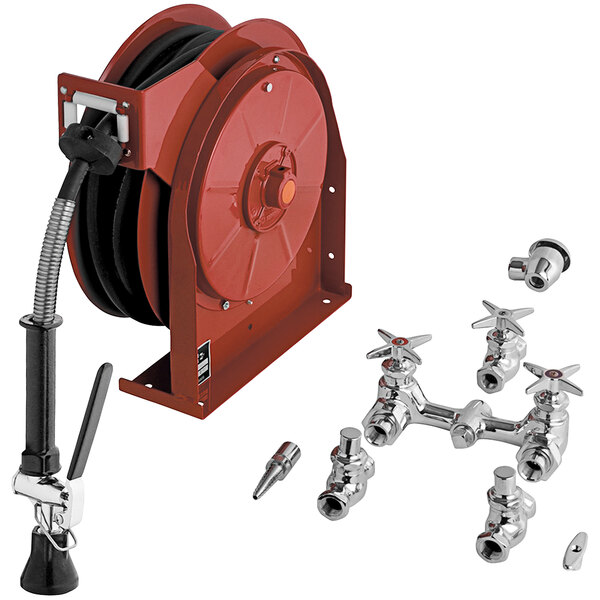 A red Chicago Faucets wall-mounted hose reel with a hose attached to it.