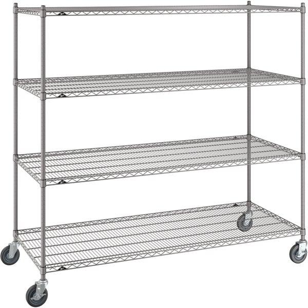 A gray Metro wire shelving unit with wheels.