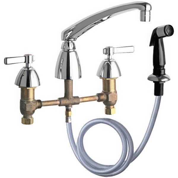 A chrome Chicago Faucets deck-mounted faucet with an 8" L-type swing spout and side spray hose.