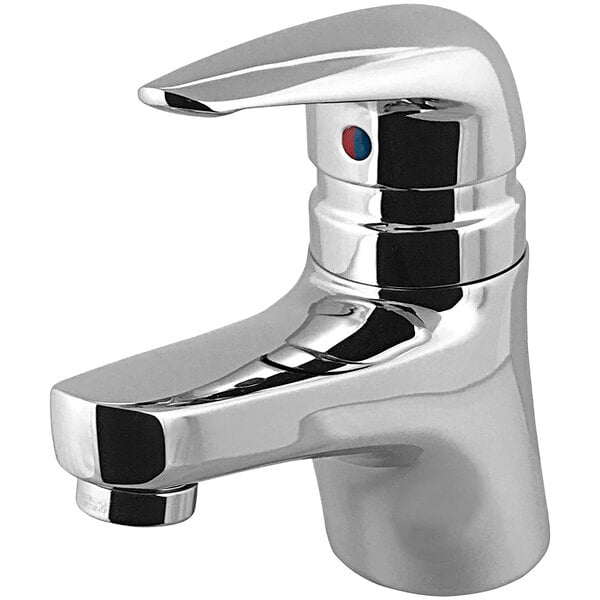 A close-up of a silver Chicago Faucets single-hole faucet with a chrome handle.