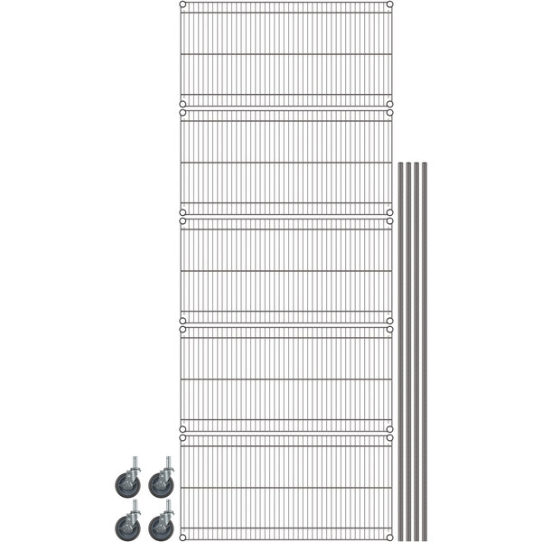 A gray Metro mobile wire shelving unit with wheels.