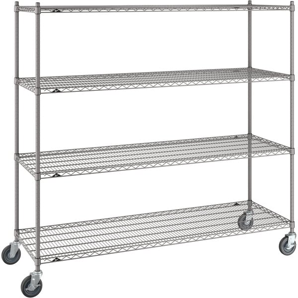 A gray Metro Super Erecta mobile wire shelving unit on wheels.