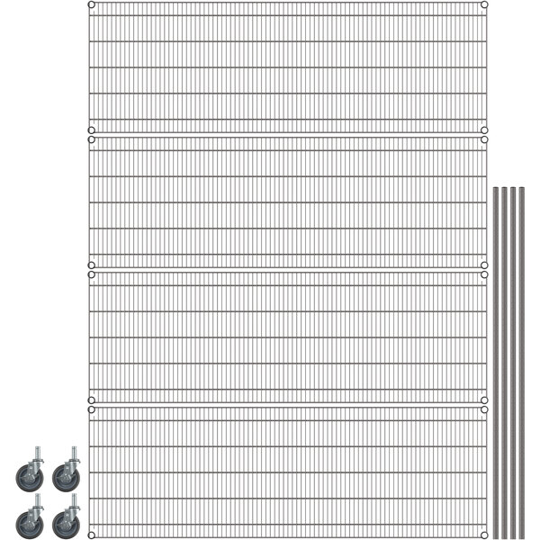 A gray Metro wire shelving unit with wheels.