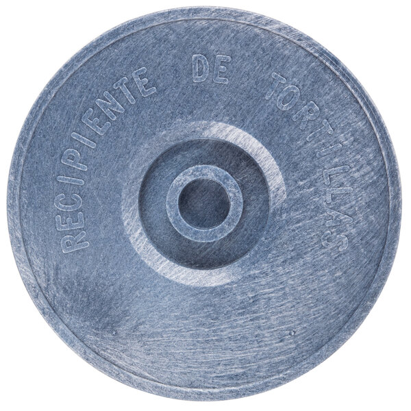 A blue plastic tortilla server with a circle in the middle.