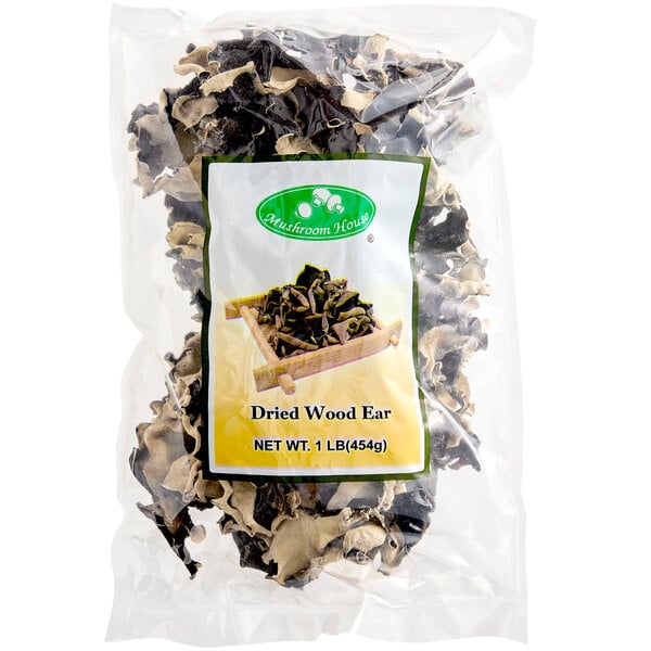 A bag of dried wood ear mushrooms with a label.