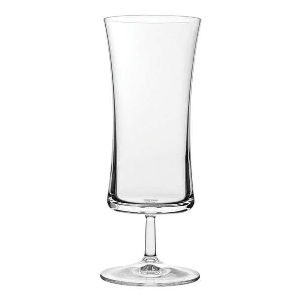A clear cocktail glass with a stem and a white rim.