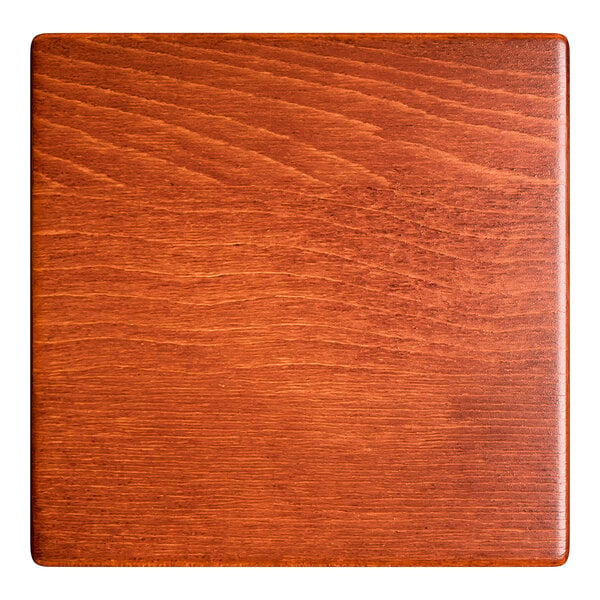 A square solid wood table top sample with a rustic mahogany finish and live edge design.