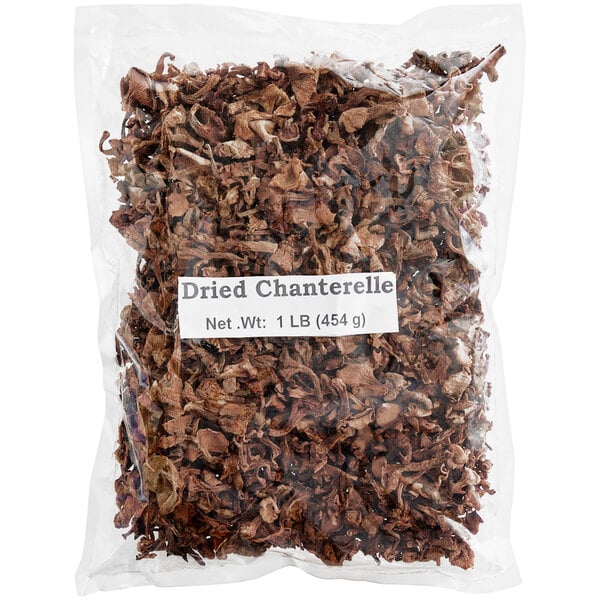A bag of dried chanterelle mushrooms.