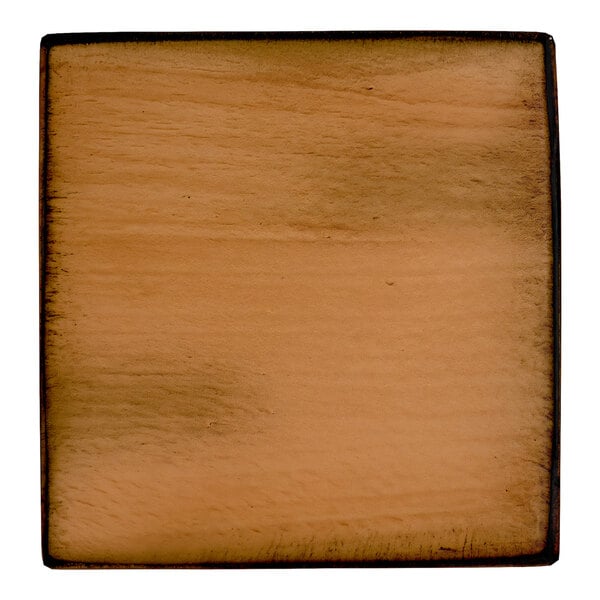 A 5-inch by 5-inch square solid wood table top sample with a honey maple finish and live edge design.