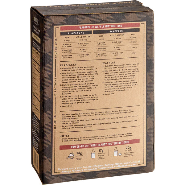 A brown box of Kodiak Cakes Chef Series Buttermilk Flapjack and Waffle Mix on a white background with instructions.