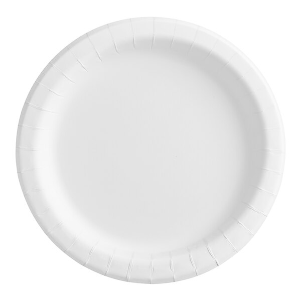 A white paper plate with a scalloped edge.