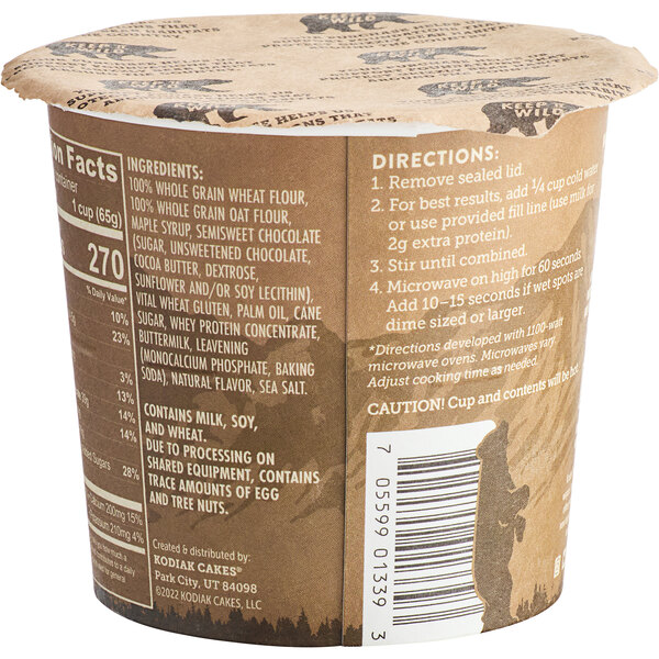 A white container of Kodiak Cakes Chocolate Chip and Maple Flapjack Cup with directions on it.