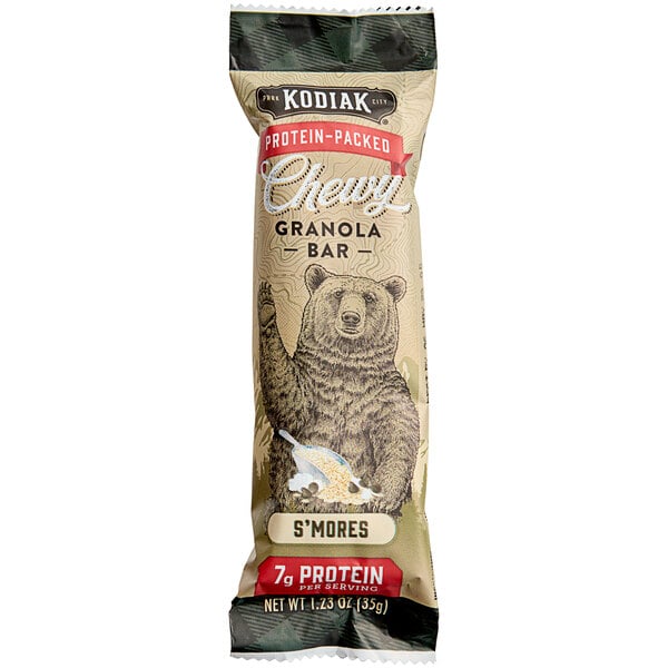 A package of Kodiak Cakes S'mores Chewy Granola Bars with a bear holding a bowl of oats.