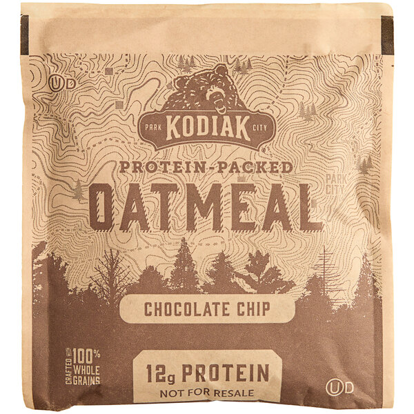 A brown and white Kodiak Cakes chocolate chip oatmeal packet.