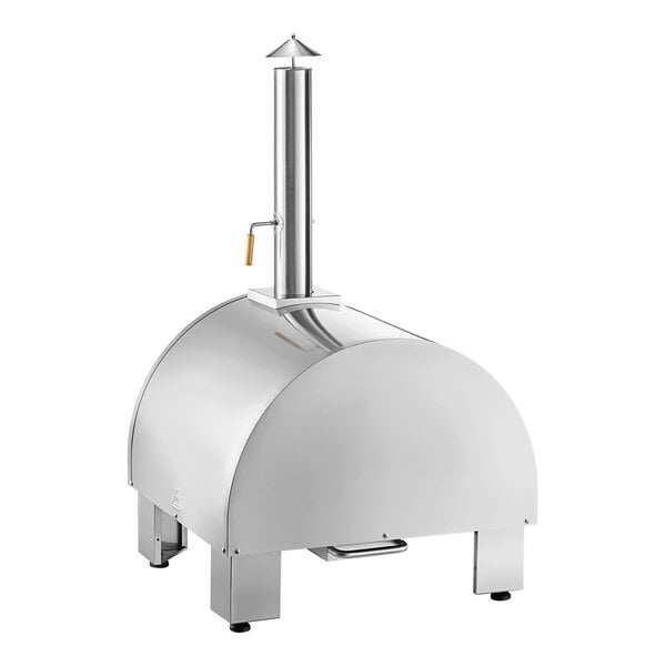 A stainless steel Backyard Pro wood-fired outdoor pizza oven with a wood handle.