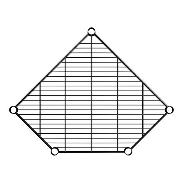 A black epoxy wire pentagon corner shelf with a grid design and five attachment points.