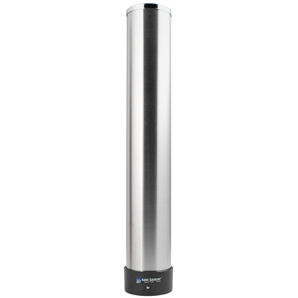 A silver San Jamar cup dispenser with a black base.