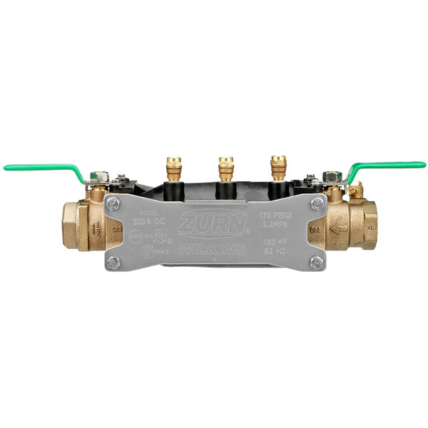 A Zurn double check valve backflow preventer with brass and black and gold connectors.