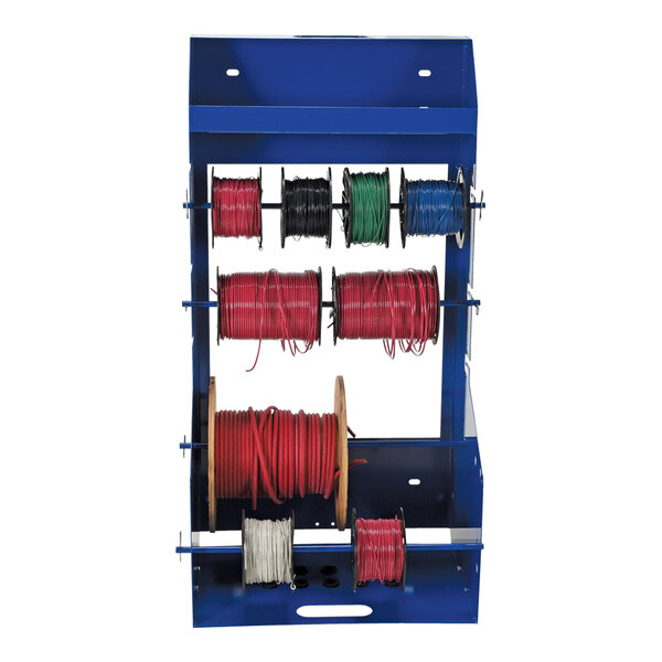 A blue Vestil steel wire reel caddy holding several rolls of electrical wire.