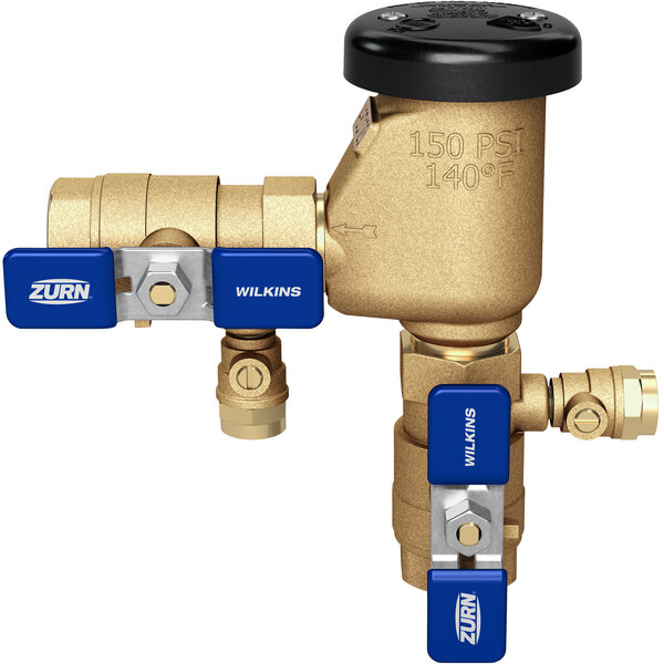 A Zurn 3/4" gold and blue pressure vacuum breaker valve.