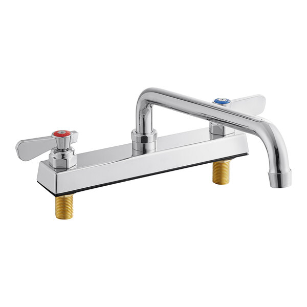 A silver Regency deck-mounted faucet with two handles and a 12" swing spout.