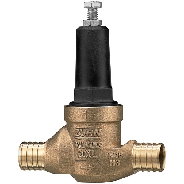 A Zurn brass water pressure reducing valve with crimp PEX connections.