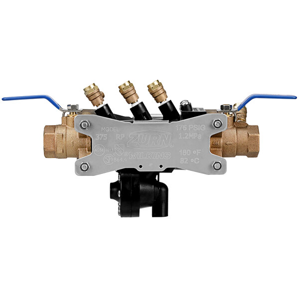 A Zurn reduced pressure principle backflow preventer with brass valves and pipes.