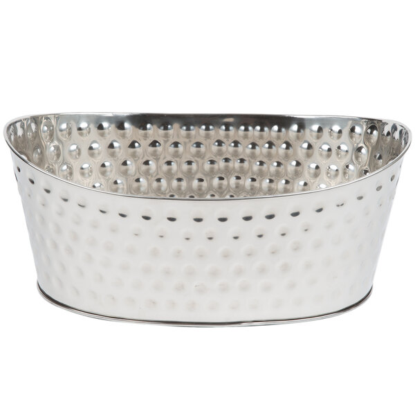 A silver oval Tablecraft stainless steel beverage tub with a textured surface.