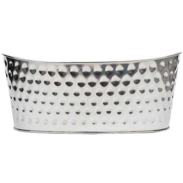 A silver stainless steel Tablecraft beverage tub with holes.