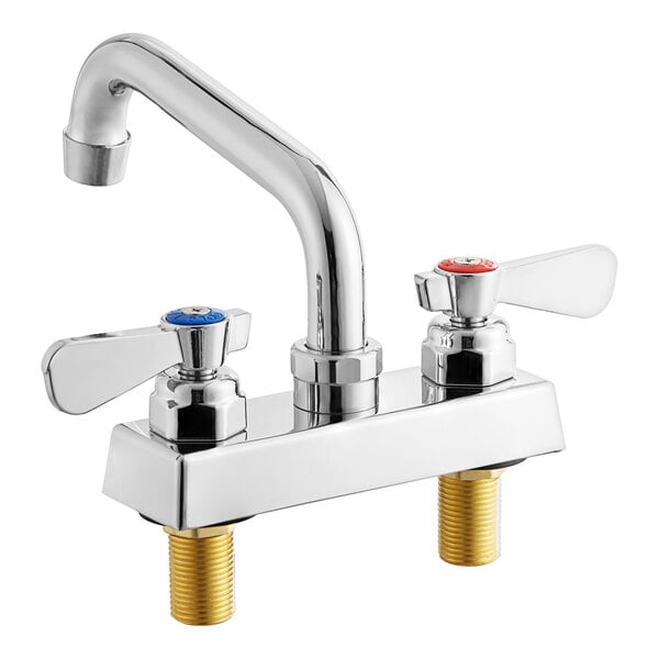 A silver Regency deck-mounted faucet with two handles and a 6" swing spout.