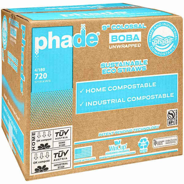 A cardboard box of Phade blue and white unwrapped boba straws.