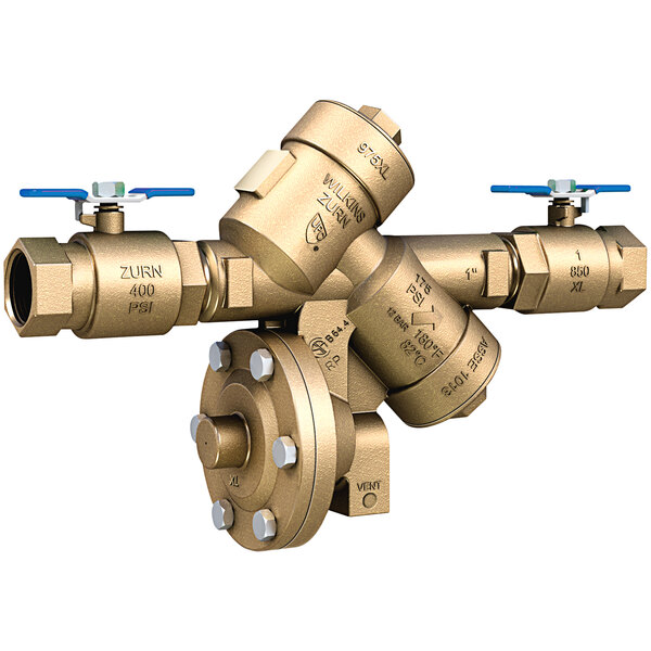 A gold metal Zurn 1" Wye Pattern Reduced Pressure Principle Backflow Preventer with blue handles.