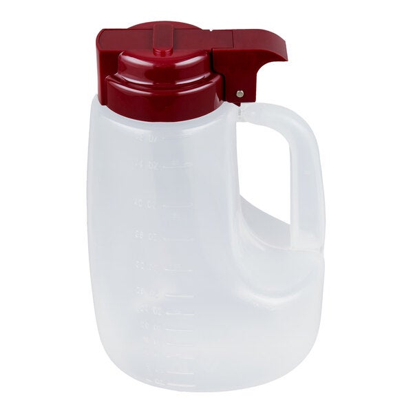 A clear plastic dispenser jar with a maroon top and handle, holding 48 ounces.