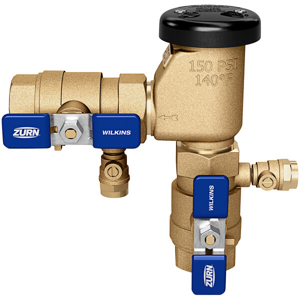 A Zurn gold and blue pressure vacuum breaker valve.