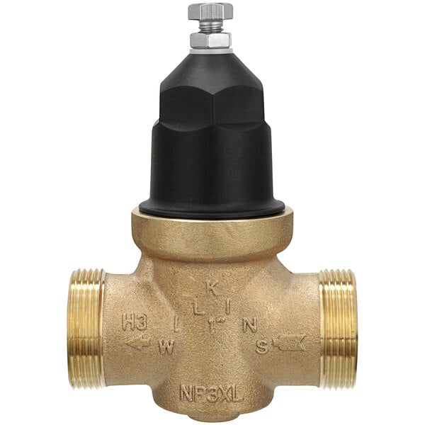 A Zurn brass water pressure reducing valve with black cap.