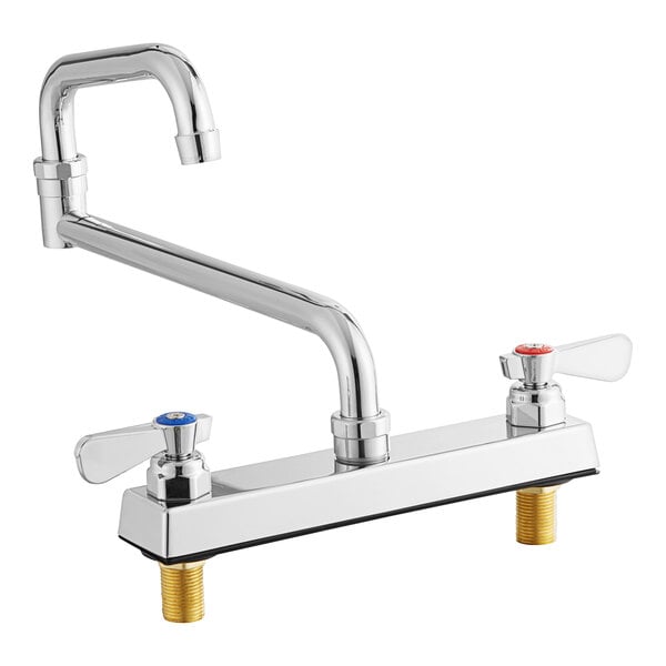 A chrome Regency deck-mounted faucet with double-jointed swing spout and two red and silver handles.