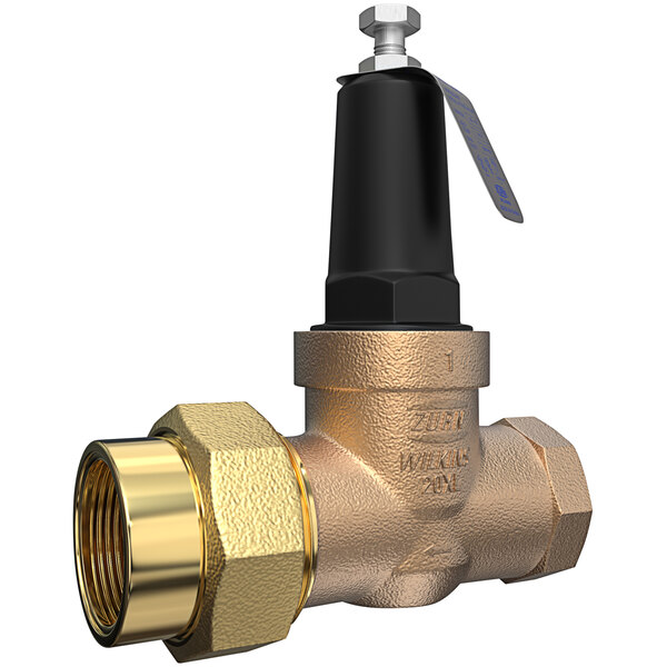 A Zurn brass water pressure reducing valve with a gold handle.