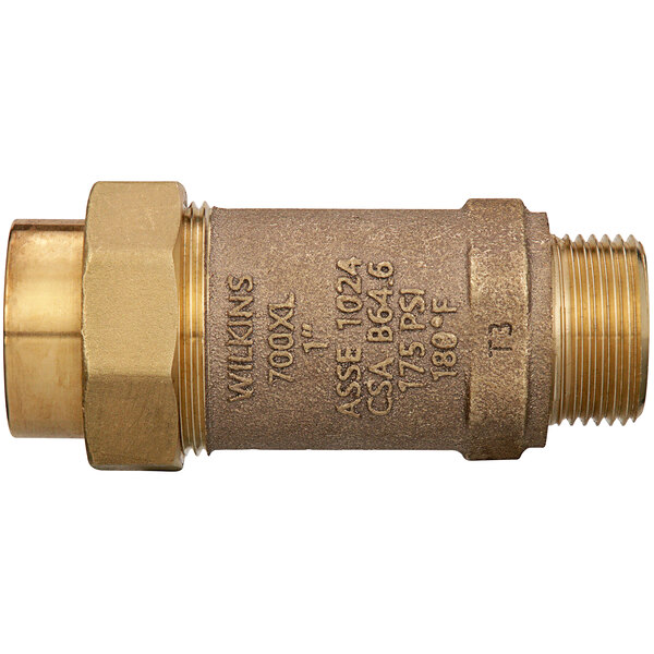 A Zurn brass valve with union connections and a threaded nut.