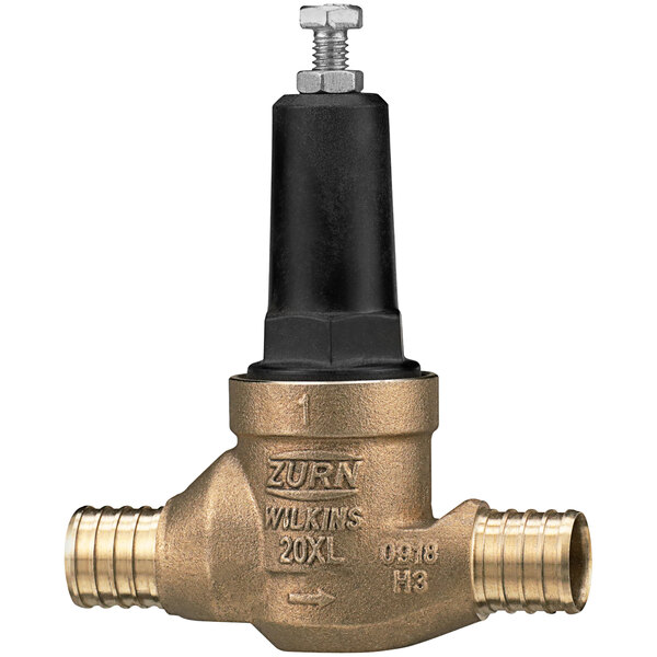 A close-up of a Zurn brass crimp PEX connection pressure reducing valve.