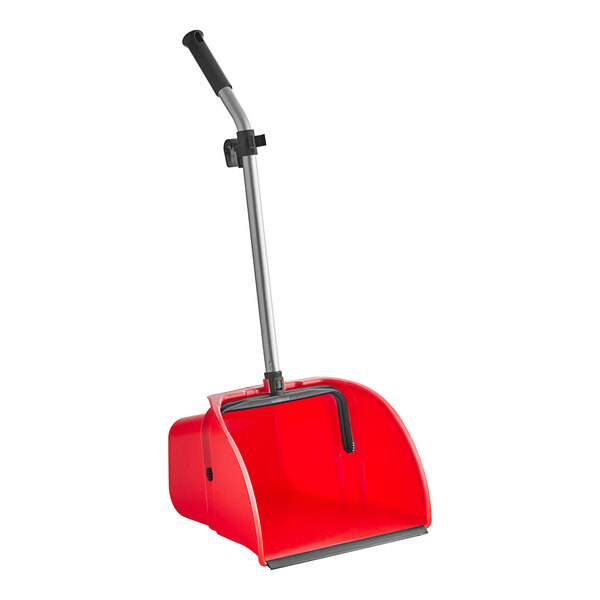 A red plastic dustpan with a handle.