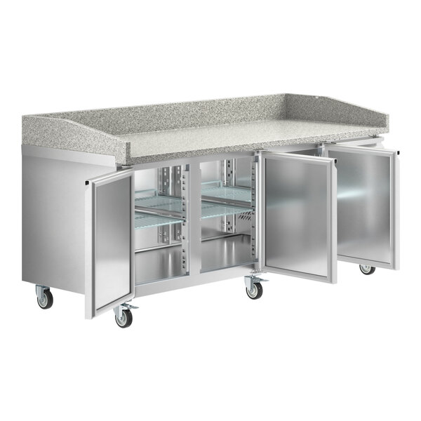 An Avantco stainless steel refrigerated pizza prep table with three doors and a stone top.