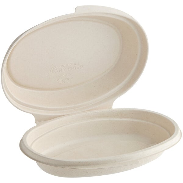 A white World Centric Fiber Burrito Bowl Clamshell Container with a lid.