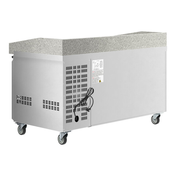 An Avantco stone top refrigerated pizza prep table with a grey top and white sides.